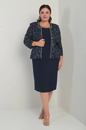 Kadın Kolsuz Elbise Pul İşlemeli Tül Ceket Boncuk Detaylı Astarlı Büyük Beden 2'li Takım