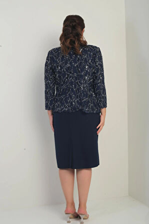 Kadın Kolsuz Elbise Pul İşlemeli Tül Ceket Boncuk Detaylı Astarlı Büyük Beden 2'li Takım