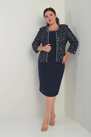 Kadın Kolsuz Elbise Pul İşlemeli Tül Ceket Boncuk Detaylı Astarlı Büyük Beden 2'li Takım