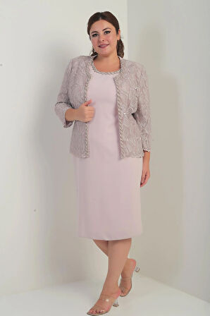 Kadın Kolsuz Elbise Pul İşlemeli Tül Ceket Boncuk Detaylı Astarlı Büyük Beden 2'li Takım