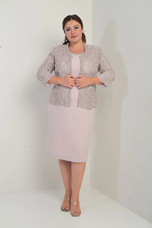 Kadın Kolsuz Elbise Pul İşlemeli Tül Ceket Boncuk Detaylı Astarlı Büyük Beden 2'li Takım