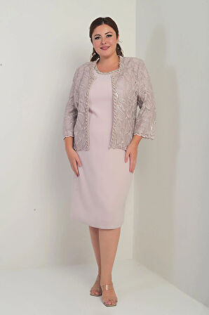 Kadın Kolsuz Elbise Pul İşlemeli Tül Ceket Boncuk Detaylı Astarlı Büyük Beden 2'li Takım
