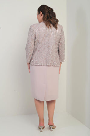 Kadın Kolsuz Elbise Pul İşlemeli Tül Ceket Boncuk Detaylı Astarlı Büyük Beden 2'li Takım