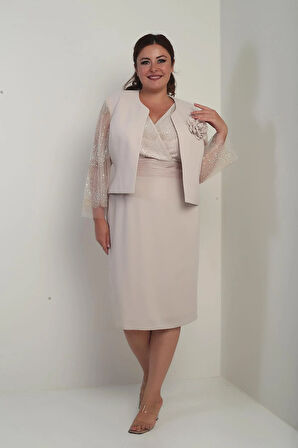 Kadın Kruvaze Yaka Beli Drapeli Elbise Kolları Tül Ceket Astarlı Pul Detaylı Büyük Beden 2'li Takım