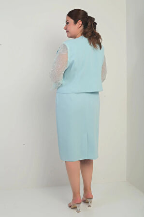 Kadın Kruvaze Yaka Beli Drapeli Elbise Kolları Tül Ceket Astarlı Pul Detaylı Büyük Beden 2'li Takım