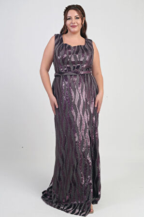 Kadın Kare Yaka Astarlı Pulpayet Büyük Beden Uzun Elbise