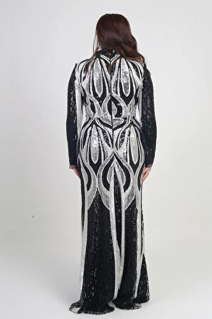 Kadın Dik Yaka Pul İşlemeli Astarlı Büyük Beden Uzun Elbise