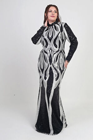 Kadın Dik Yaka Pul İşlemeli Astarlı Büyük Beden Uzun Elbise