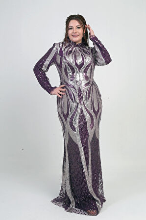 Kadın Dik Yaka Pul İşlemeli Astarlı Büyük Beden Uzun Elbise