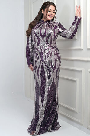 Kadın Dik Yaka Pul İşlemeli Astarlı Büyük Beden Uzun Elbise