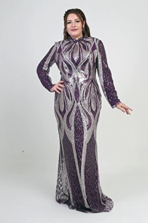 Kadın Dik Yaka Pul İşlemeli Astarlı Büyük Beden Uzun Elbise