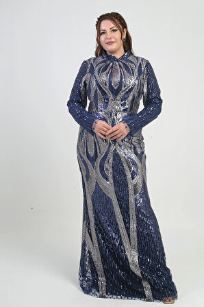 Kadın Dik Yaka Pul İşlemeli Astarlı Büyük Beden Uzun Elbise