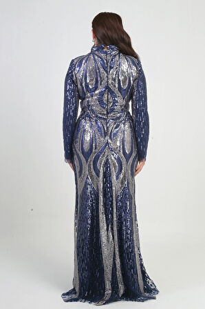 Kadın Dik Yaka Pul İşlemeli Astarlı Büyük Beden Uzun Elbise