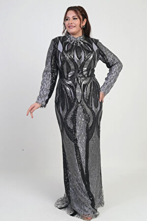 Kadın Dik Yaka Pul İşlemeli Astarlı Büyük Beden Uzun Elbise