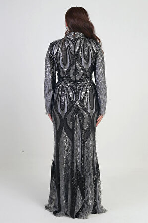 Kadın Dik Yaka Pul İşlemeli Astarlı Büyük Beden Uzun Elbise