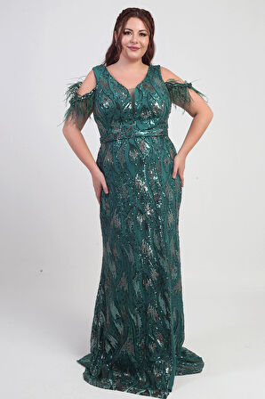 Kadın Tüylü Düşük Kollu Pul İşlemeli Astarlı Büyük Beden Uzun Elbise