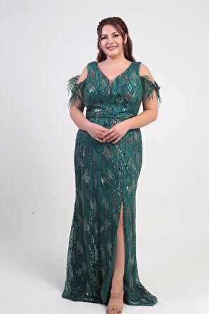 Kadın Tüylü Düşük Kollu Pul İşlemeli Astarlı Büyük Beden Uzun Elbise