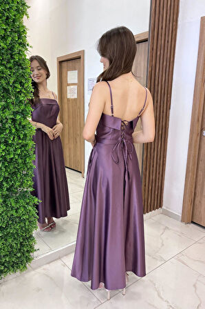 Kadın İnce Askılı Astarlı Cepli Midi Saten Elbise