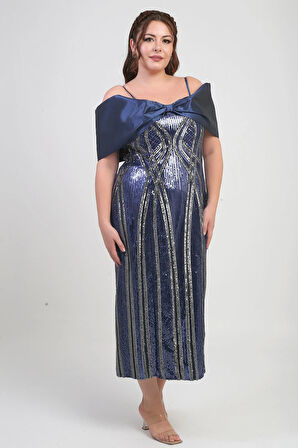 Kadın İnce Askılı Saten Fiyonk Kayık Yaka Pul İşlemeli Astarlı Büyük Beden Midi Elbise