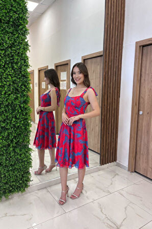 Kadın Omuzu Bağcıklı Astarlı Batik Desen Kısa Şifon Elbise