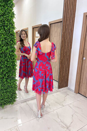 Kadın Omuzu Bağcıklı Astarlı Batik Desen Kısa Şifon Elbise