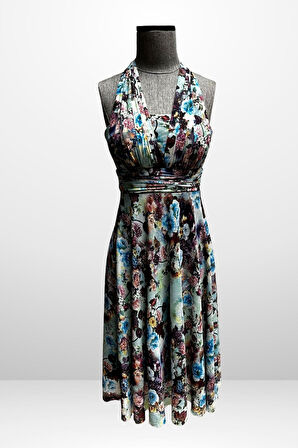 Kadın Boyundan Bağlamalı Astarlı Küçük Çiçekli Elbise