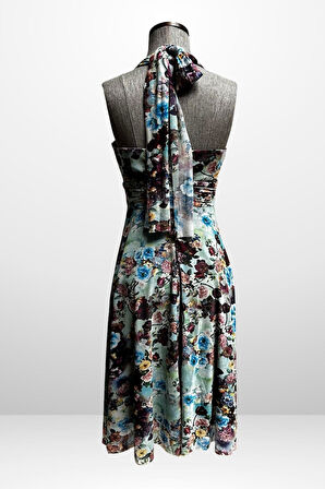 Kadın Boyundan Bağlamalı Astarlı Küçük Çiçekli Elbise