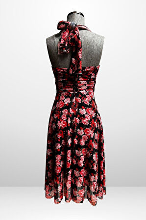 Kadın Boyundan Bağlamalı Astarlı Küçük Çiçekli Elbise