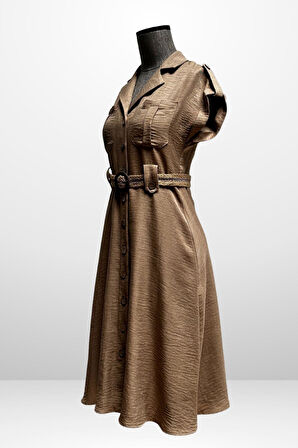 Kadın Yakalı Düşük Omuz Çift Cepli Kemerli Keten Efektli Elbise