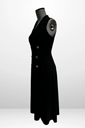 Kadın Kruvaze Yaka Astarlı Çift Yırtmaçlı Düğme Detaylı Midi Krep Elbise