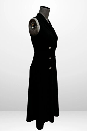 Kadın Kruvaze Yaka Astarlı Çift Yırtmaçlı Düğme Detaylı Midi Krep Elbise