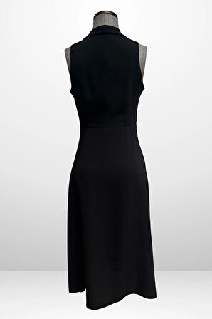 Kadın Kruvaze Yaka Astarlı Çift Yırtmaçlı Düğme Detaylı Midi Krep Elbise