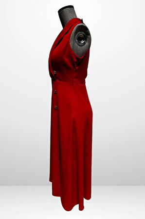 Kadın Kruvaze Yaka Astarlı Çift Yırtmaçlı Düğme Detaylı Midi Krep Elbise