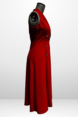 Kadın Kruvaze Yaka Astarlı Çift Yırtmaçlı Düğme Detaylı Midi Krep Elbise