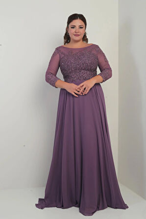 Kadın Üstü Güpür İşlemeli Astarlı Büyük Beden Uzun Şifon Elbise