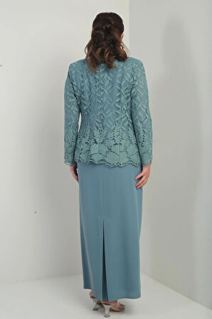 Boncuk İşlemeli Güpürlü Astarlı Elbise Ceket Büyük Beden 2'li Takım