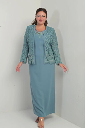 Boncuk İşlemeli Güpürlü Astarlı Elbise Ceket Büyük Beden 2'li Takım