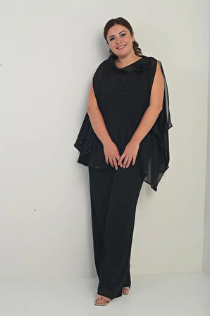 Kadın Yakası Saten Pelerin İçi Pulpayet Kolsuz Bluz Palazzo Pantolon Astarlı Büyük Beden Şifon 3'lü Takım