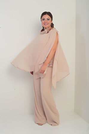 Kadın Yakası Saten Pelerin İçi Pulpayet Kolsuz Bluz Palazzo Pantolon Astarlı Büyük Beden Şifon 3'lü Takım