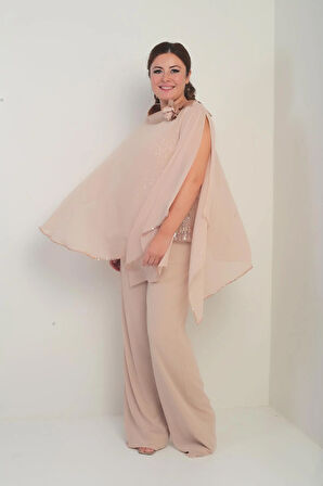 Kadın Yakası Saten Pelerin İçi Pulpayet Kolsuz Bluz Palazzo Pantolon Astarlı Büyük Beden Şifon 3'lü Takım