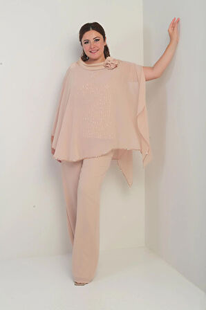 Kadın Yakası Saten Pelerin İçi Pulpayet Kolsuz Bluz Palazzo Pantolon Astarlı Büyük Beden Şifon 3'lü Takım