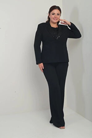 Kadın Beşgen Yaka Kolsuz Dantel Bluz Tek Düğmeli Ceket Palazzo Pantolon Astarlı Pul Detaylı Büyük Beden 3'lü Takım