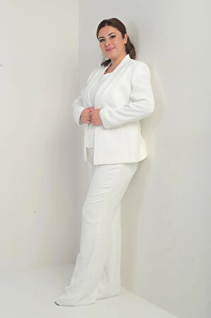 Kadın Beşgen Yaka Kolsuz Dantel Bluz Tek Düğmeli Ceket Palazzo Pantolon Astarlı Pul Detaylı Büyük Beden 3'lü Takım