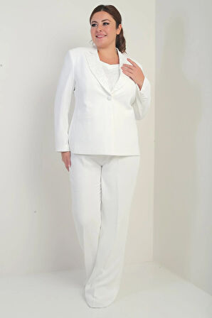 Kadın Beşgen Yaka Kolsuz Dantel Bluz Tek Düğmeli Ceket Palazzo Pantolon Astarlı Pul Detaylı Büyük Beden 3'lü Takım