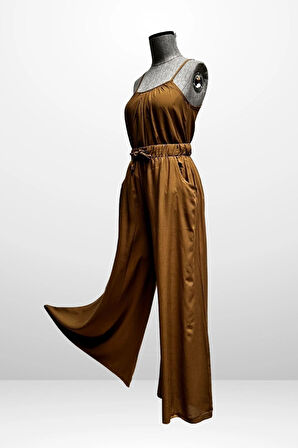 Kadın İp Askılı Bluz Beli Lastikli Cepli Palazzo Pantolon 2'li Takım