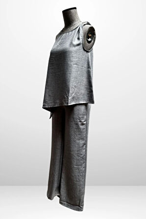 Kadın  Toka Detaylı Eteği Asimetrik Bluz Beli Lastikli Cepli Palazzo Pantolon Keten 2'li Takım