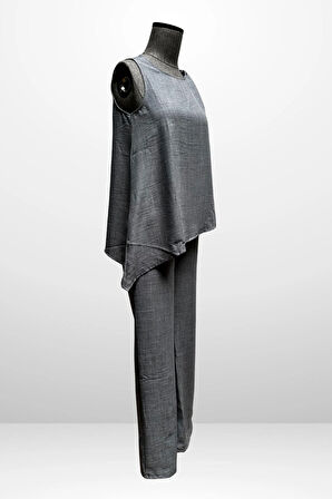 Kadın  Toka Detaylı Eteği Asimetrik Bluz Beli Lastikli Cepli Palazzo Pantolon Keten 2'li Takım