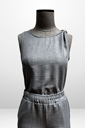 Kadın  Toka Detaylı Eteği Asimetrik Bluz Beli Lastikli Cepli Palazzo Pantolon Keten 2'li Takım