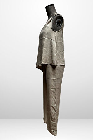 Kadın  Toka Detaylı Eteği Asimetrik Bluz Beli Lastikli Cepli Palazzo Pantolon Keten 2'li Takım