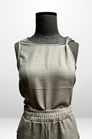 Kadın  Toka Detaylı Eteği Asimetrik Bluz Beli Lastikli Cepli Palazzo Pantolon Keten 2'li Takım